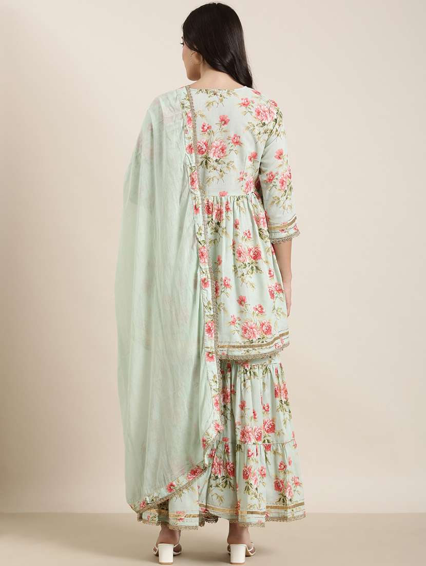Women Sea Green Floral Printed Kurta Sharara Set With Dupatta