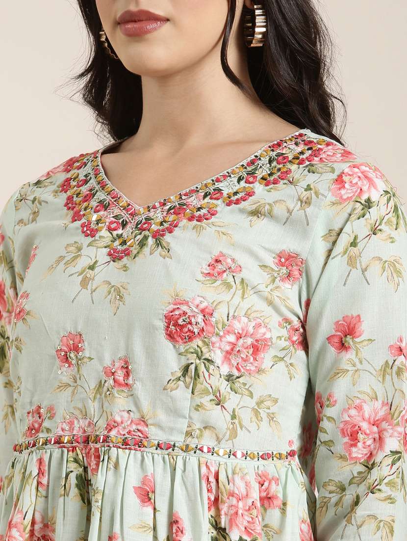 Women Sea Green Floral Printed Kurta Sharara Set With Dupatta