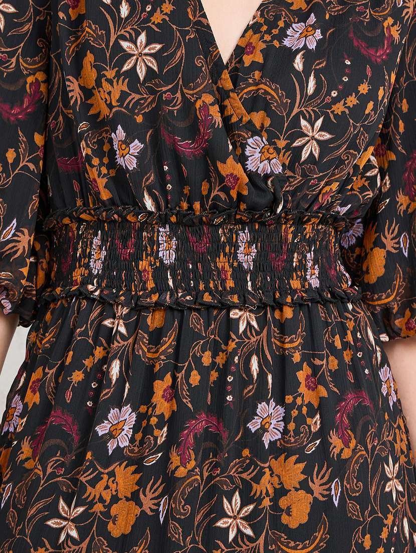 Women V Neck Floral Printed Tiered Dress