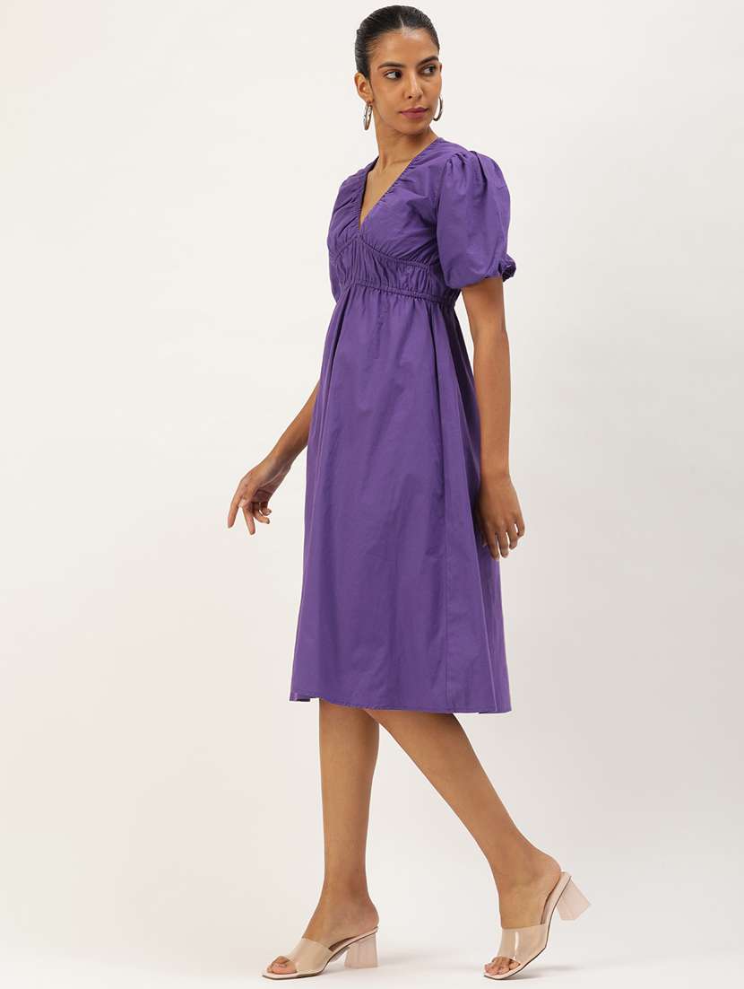 Purple Cotton Blend Fit & Flare Dress