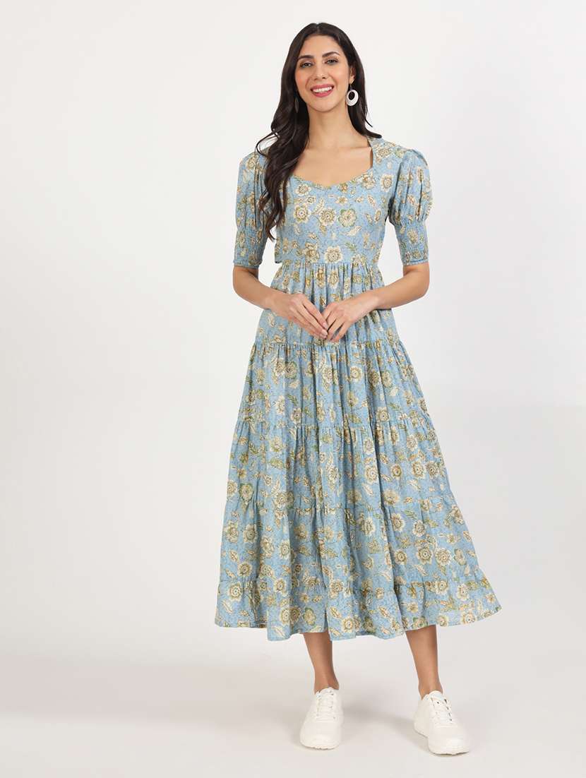 Women Light Blue Florals Printed Tiered Dress