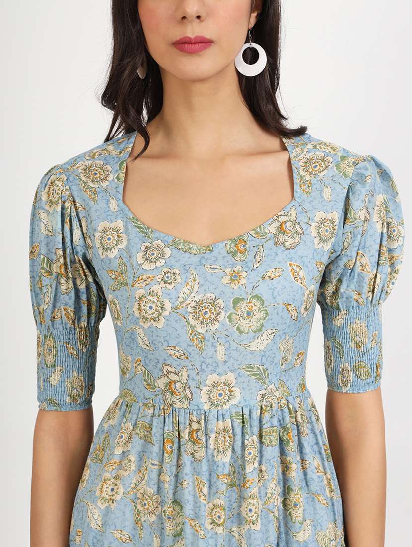 Women Light Blue Florals Printed Tiered Dress