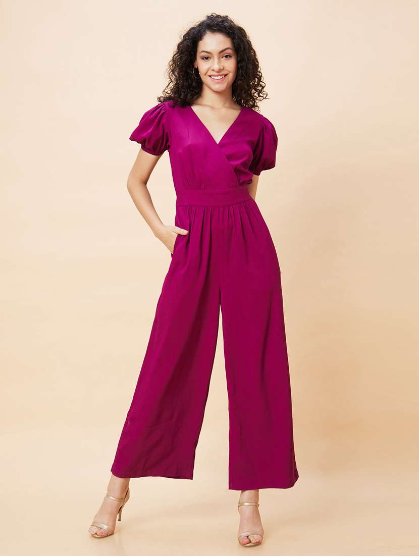 Globus Women Purple Wrap Neck Puff Sleeves Back Waist Tie Up Long Jumpsuit