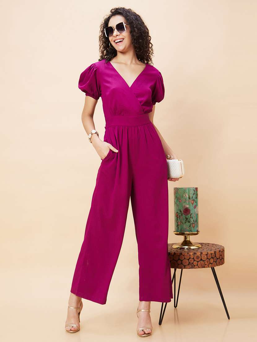 Globus Women Purple Wrap Neck Puff Sleeves Back Waist Tie Up Long Jumpsuit