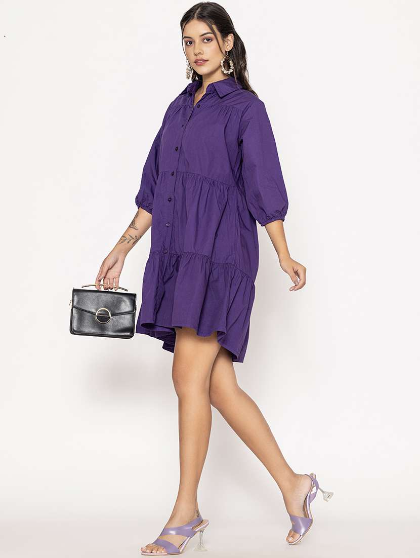 Women Shirt Collar Solid Tiered Dress