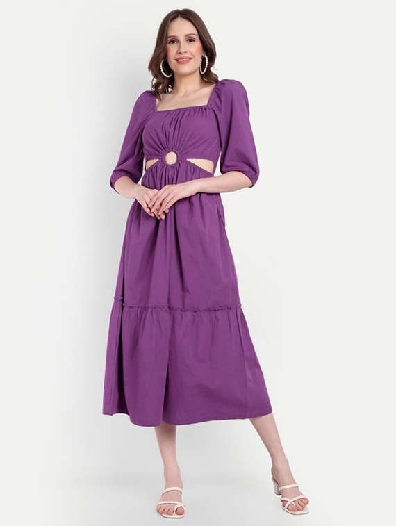Purple Cotton Blend A Line Dress