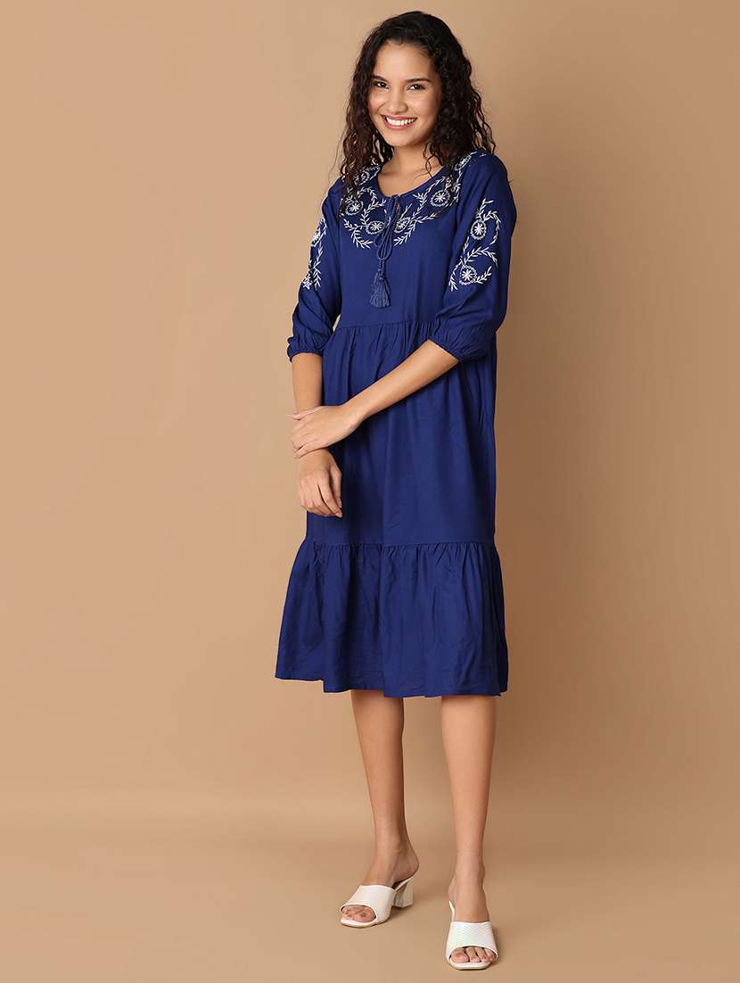 Women Navy Blue Rayon A Line Dress
