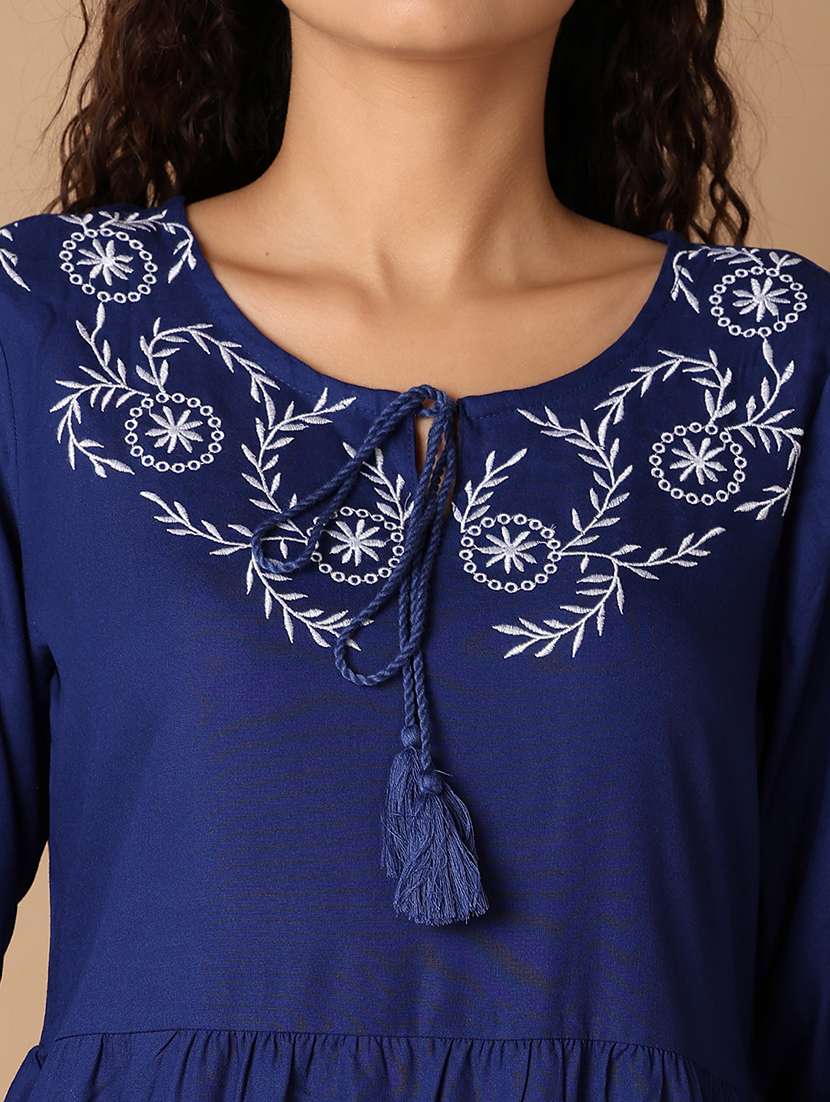 Women Navy Blue Rayon A Line Dress