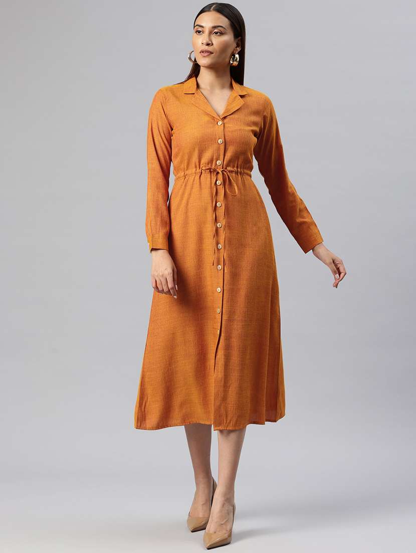 Women Solid Collared Button Down Shirt Dress