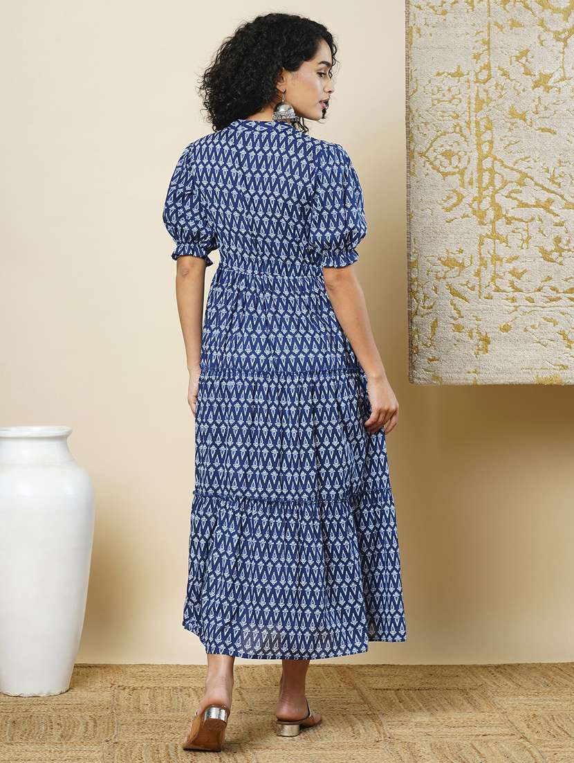 Globus Women Indigo Ethnic Motif Printed Puff Sleeve Mandarin Collar Tired Waist Tie Up Maxi Dress