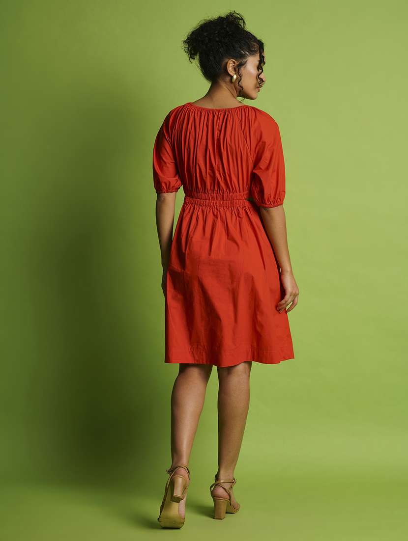 Globus Women Orange Puff Sleeves Gathered Cut Outs Waist Knee Length Fit & Flare Dress