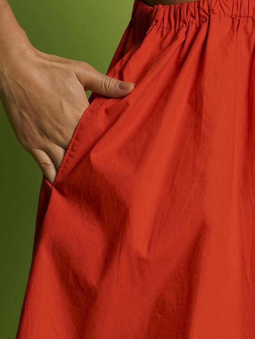 Globus Women Orange Puff Sleeves Gathered Cut Outs Waist Knee Length Fit & Flare Dress