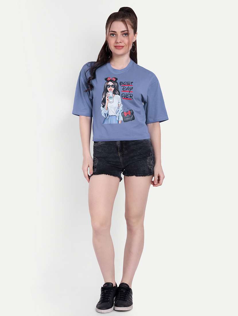 Women Round Neck Front Print Boxy T Shirt