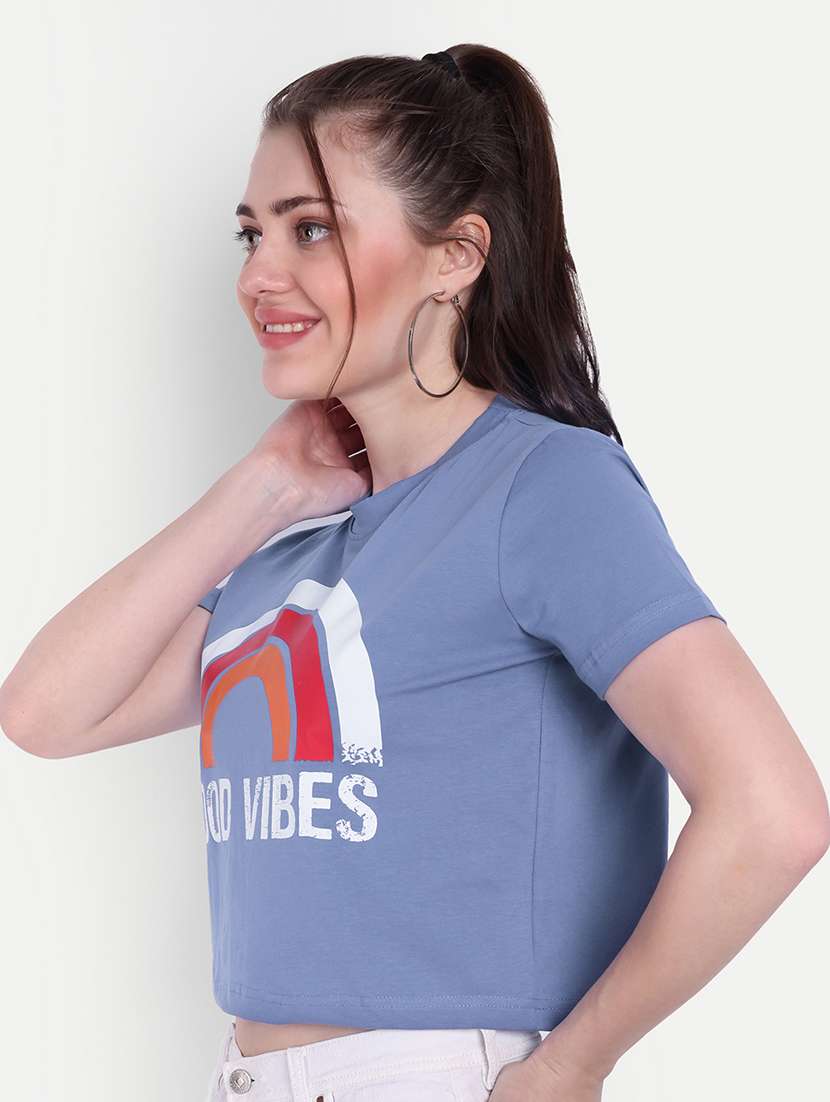 Women Round Neck Front Print Boxy T Shirt