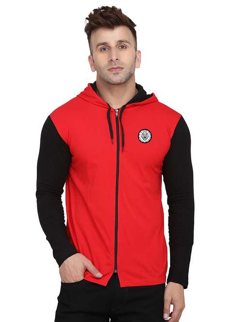 Men Color Block Hooded Cotton T Shirt