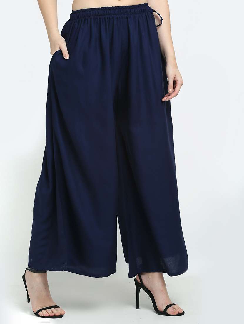 Women Navy Blue Rayon Pocket Palazzo