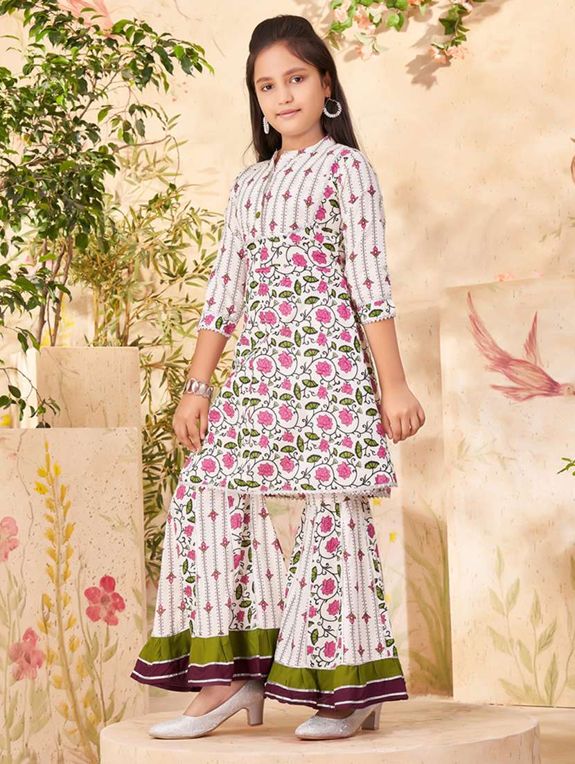 Girls White Cotton Kurta Sharara Suit Set