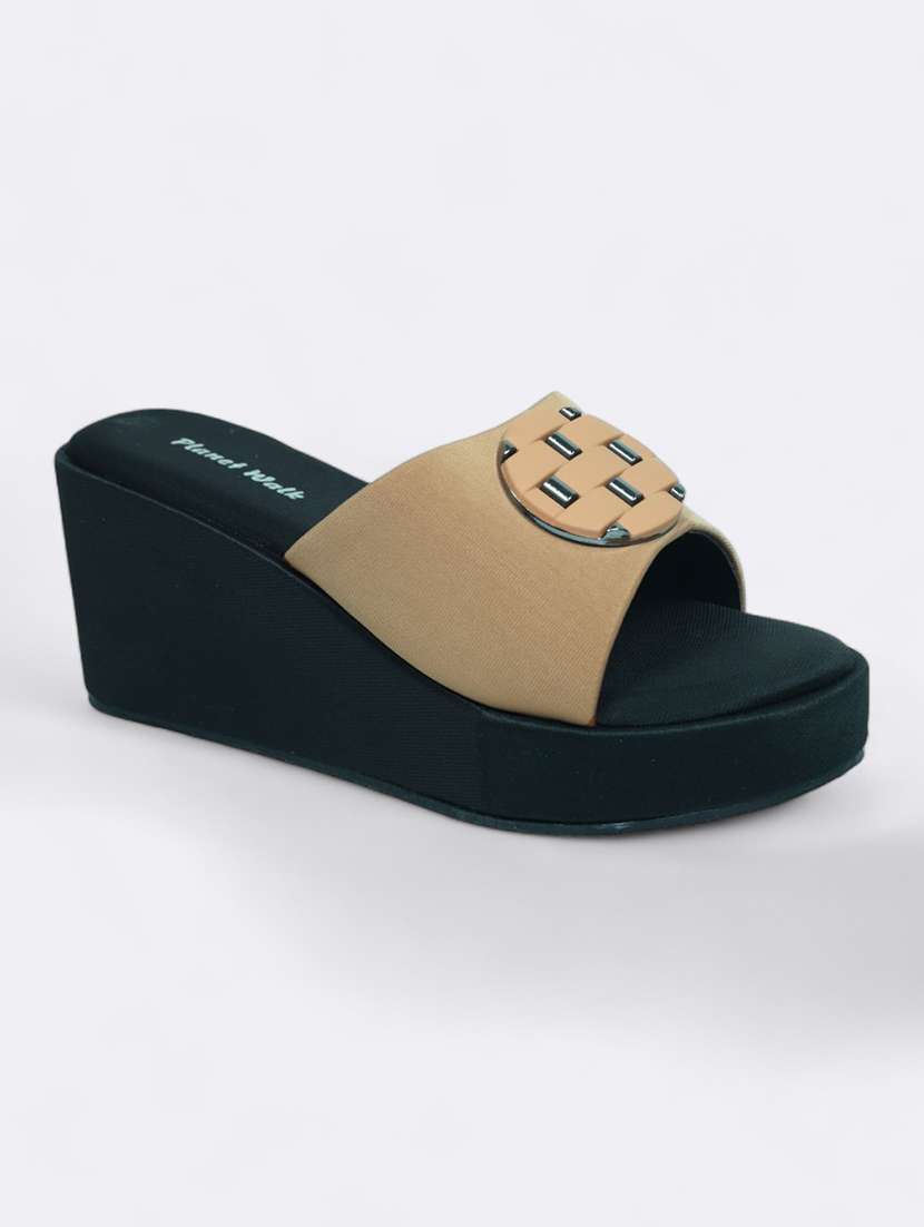 A Pair Of Black And Grey Coloured Open Toe Wedge Heel.
