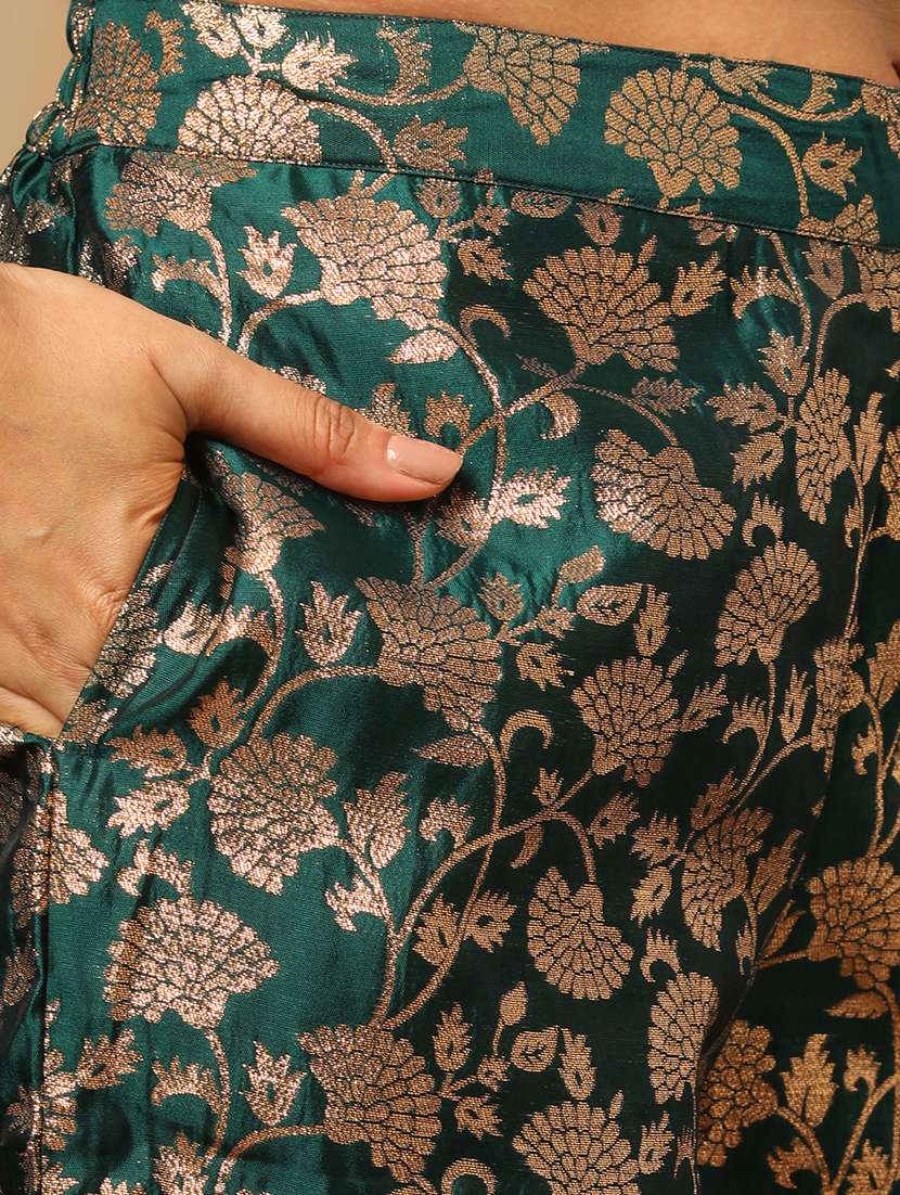 Women's Green Round Neck Elbow Sleeves Brocade Floral Jaal Print Straight Kurta & Elasticated Pants Festive Set