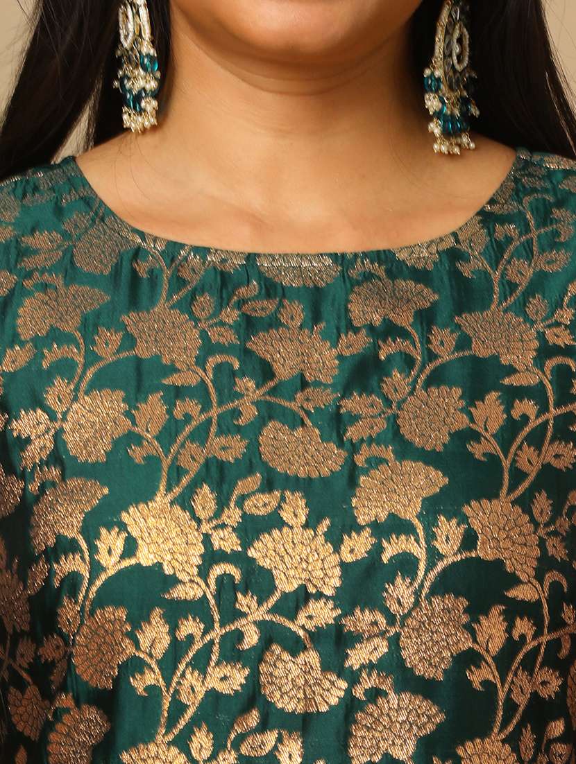 Women's Green Round Neck Elbow Sleeves Brocade Floral Jaal Print Straight Kurta & Elasticated Pants Festive Set
