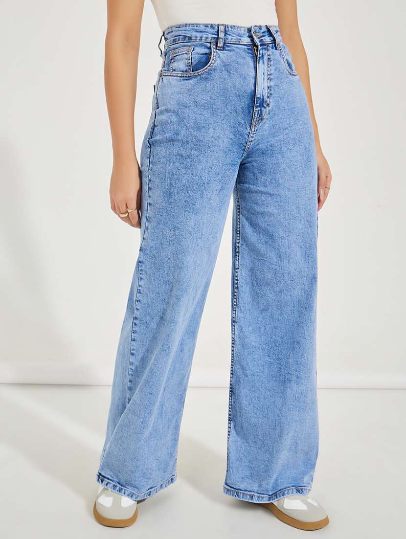 Women Light Blue Solid Wide Leg Jean