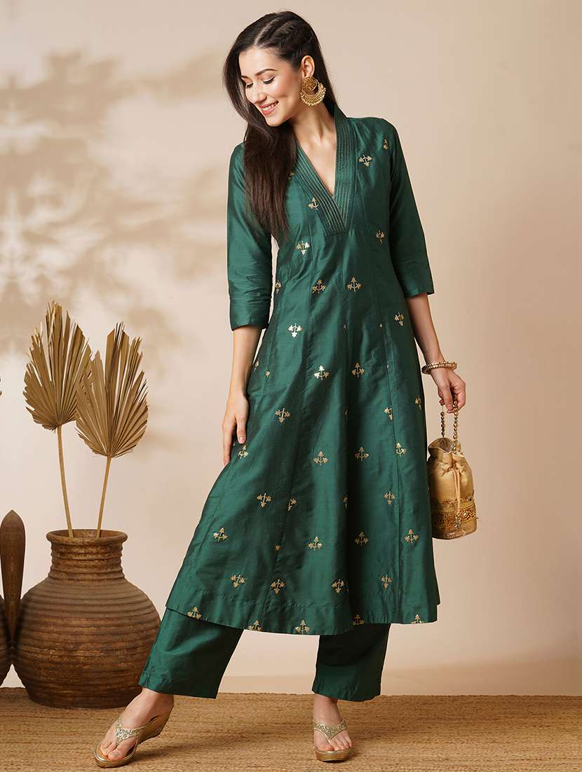 Globus Women Green V Neck Gold Zari Embroidered Panelled Anarkali Kurta With Elasticated Wide Leg Pants Festive Set