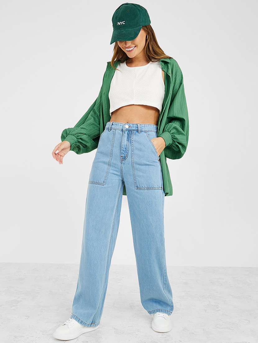 Women Blue Plain Wide Leg Jean