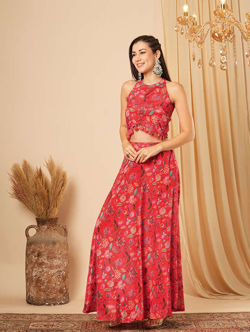 Globus Women Red Floral Printed Halter Neck Tassel Detailing Crop Top & Partially Elasticated Flared Maxi Fusion Co Ord Set