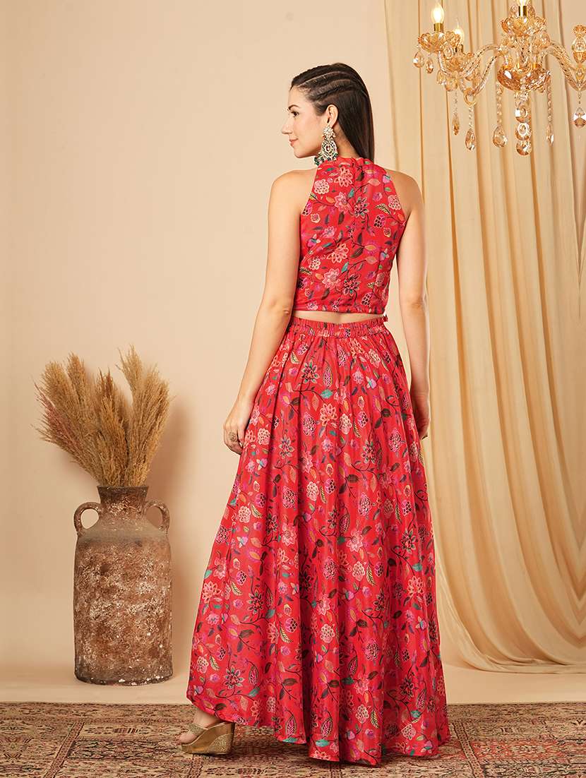Globus Women Red Floral Printed Halter Neck Tassel Detailing Crop Top & Partially Elasticated Flared Maxi Fusion Co Ord Set