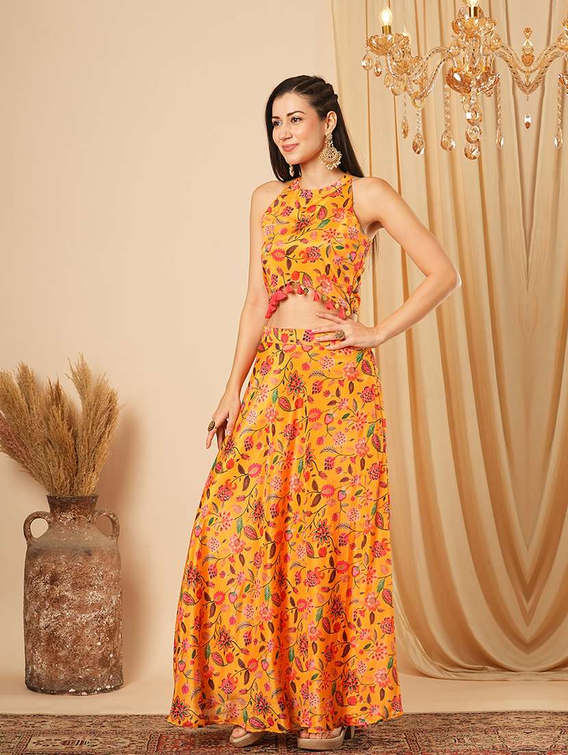 Globus Women Yellow Floral Printed Halter Neck Tassel Detailing Crop Top & Partially Elasticated Flared Maxi Fusion Co Ord Set