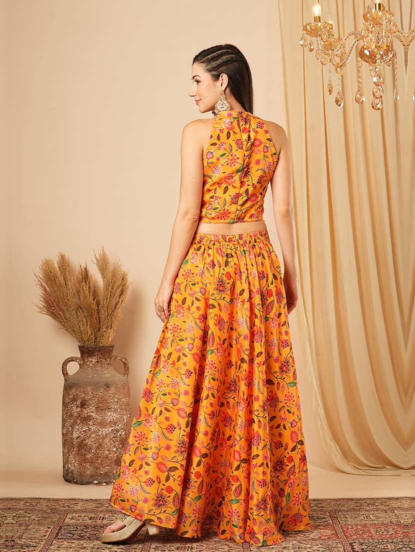 Globus Women Yellow Floral Printed Halter Neck Tassel Detailing Crop Top & Partially Elasticated Flared Maxi Fusion Co Ord Set
