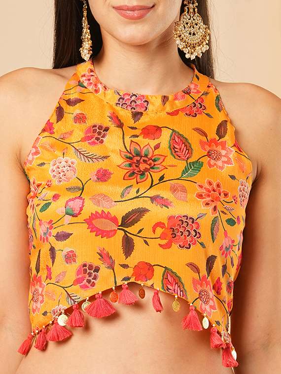 Globus Women Yellow Floral Printed Halter Neck Tassel Detailing Crop Top & Partially Elasticated Flared Maxi Fusion Co Ord Set