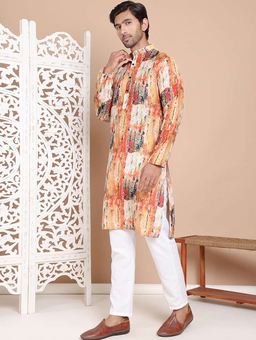 Orange Cotton Kurta Pyjama Ethnic Wear Set