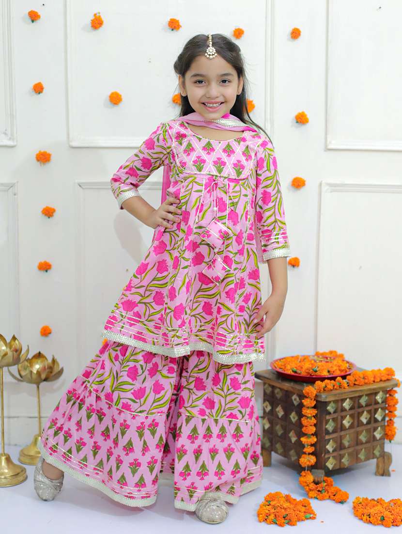 Girls Floral Printed Kurta Sharara Set With Dupatta