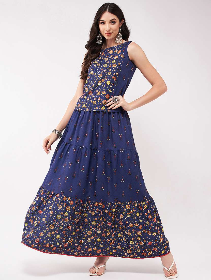 Women Floral Skirt Top Set With Long Shrug