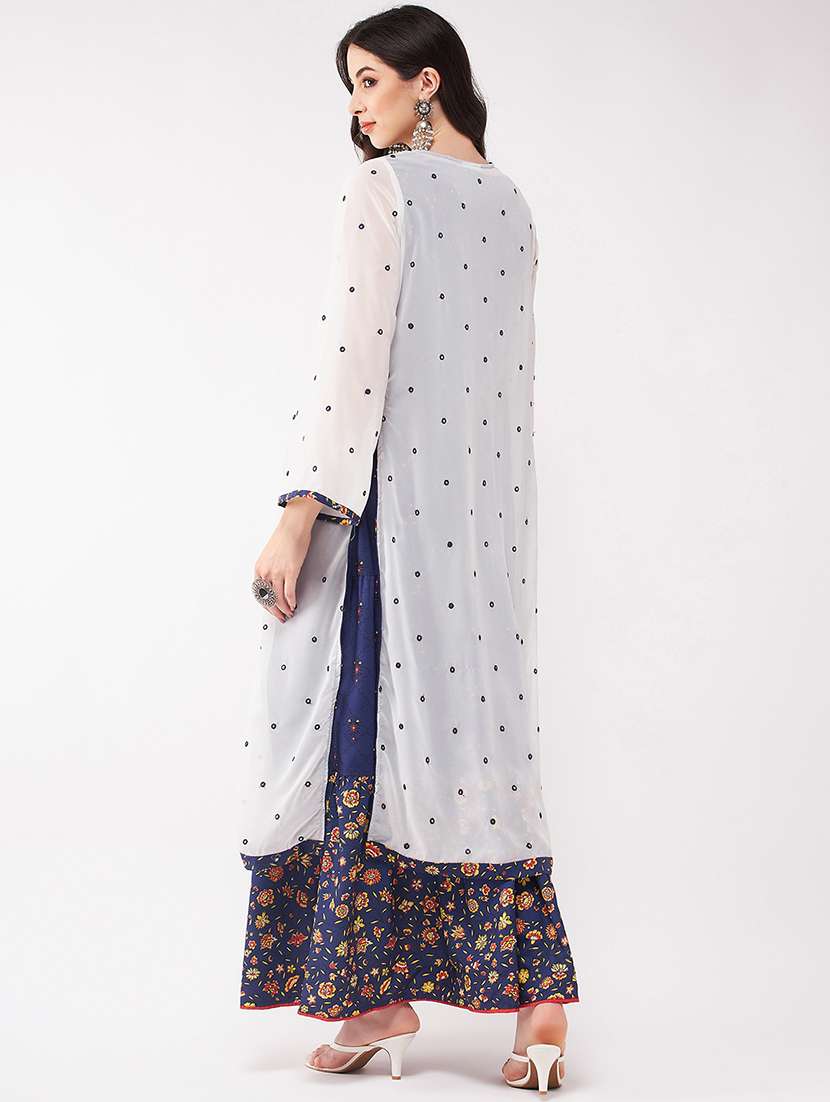 Women Floral Skirt Top Set With Long Shrug