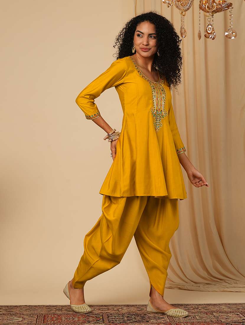 Globus Women Yellow Floral Sequinned & Embroidered Yoke A Line Peplum Top With Dhoti Pants Fusion Co Ord Set
