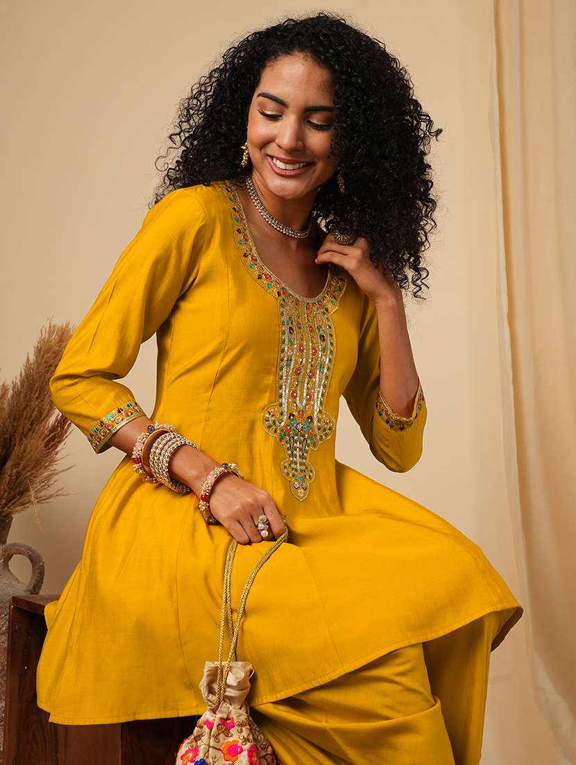 Globus Women Yellow Floral Sequinned & Embroidered Yoke A Line Peplum Top With Dhoti Pants Fusion Co Ord Set