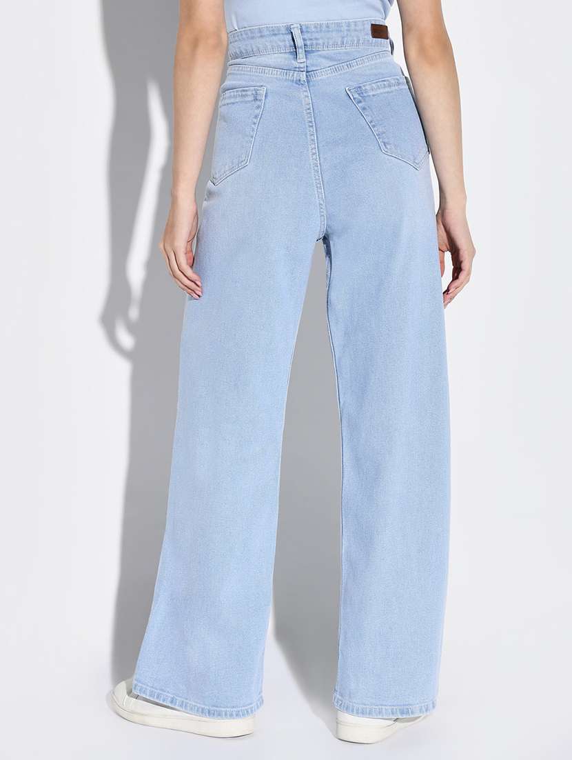 Women Solid High Rise Wide Leg Jean