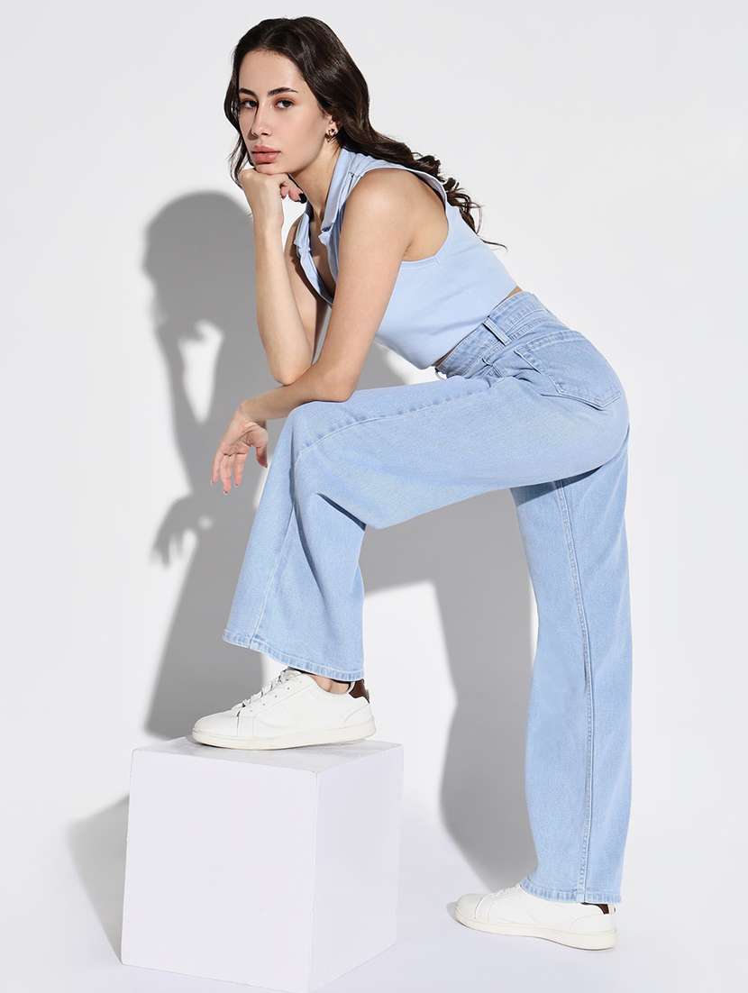 Women Solid High Rise Wide Leg Jean