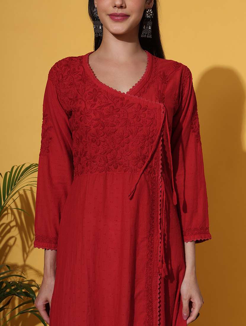 Women Red Long Sleeve Angrakha Chikankari Kurta