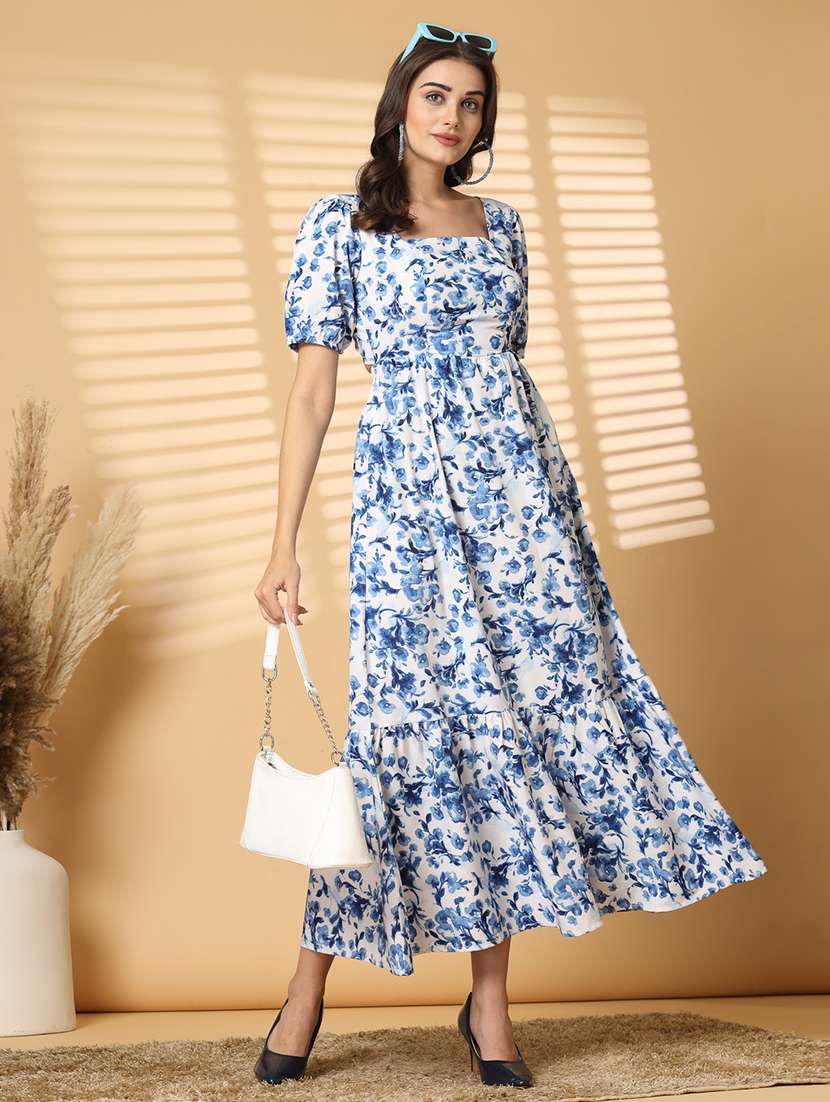 Women Square Neck Floral Printed Tiered Dress