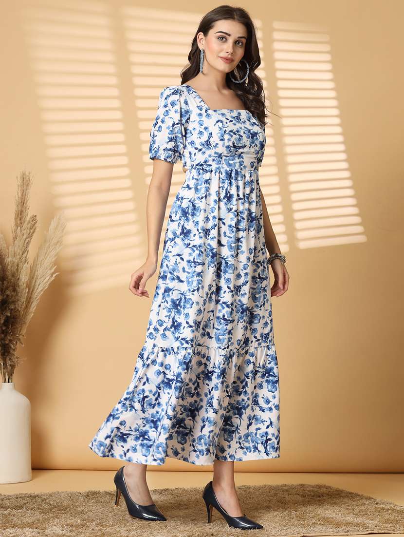 Women Square Neck Floral Printed Tiered Dress