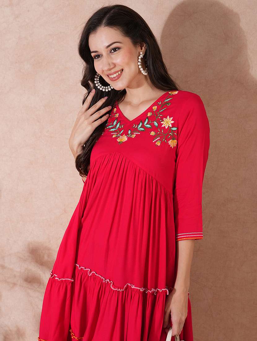 Globus Women Red V Neck Floral Embroidered Yoke Alia Cut Tiered A Line Fusion Dress