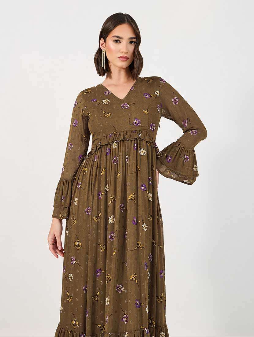 Women Floral Print Bell Sleeves Tiered Dress