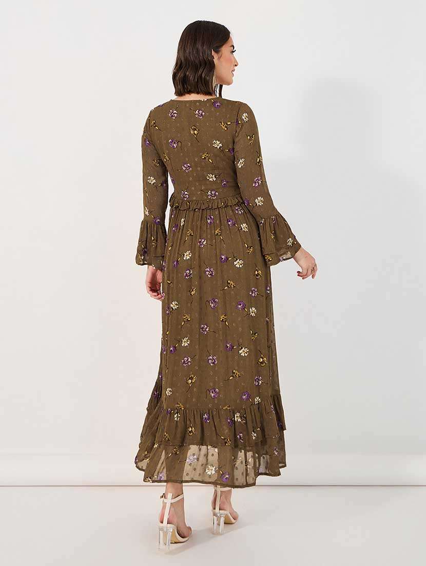 Women Floral Print Bell Sleeves Tiered Dress