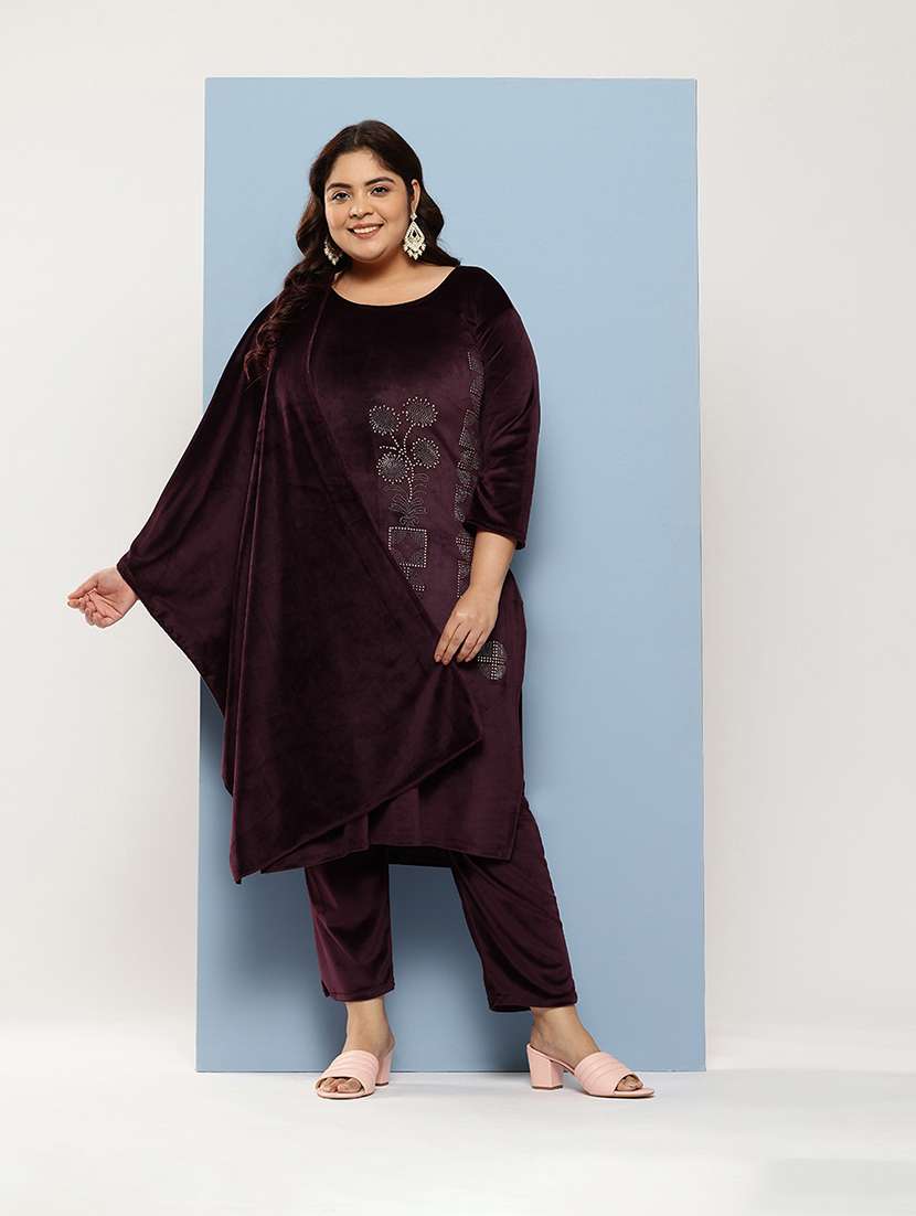 Women Plus Size Round Neck Kurta Pant Set With Dupatta