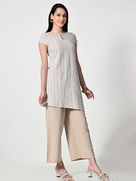 Women Beige Striped Short Sleeve Asymmetric Kurta