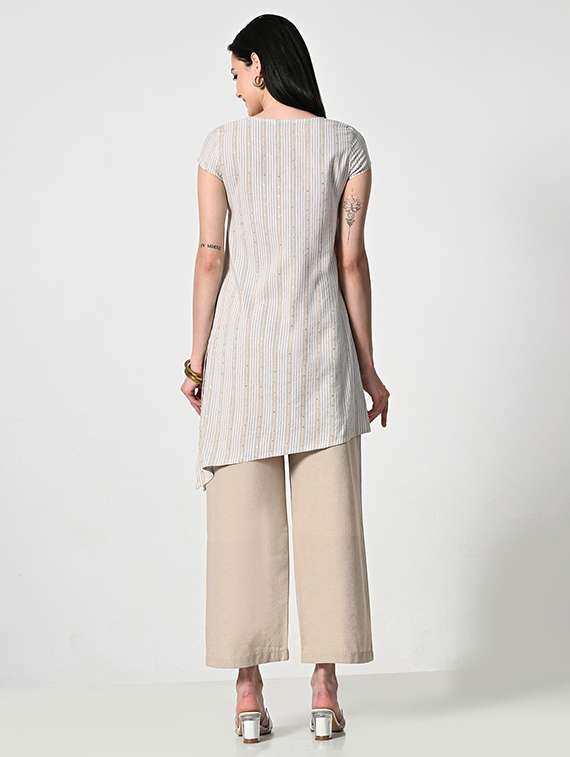 Women Beige Striped Short Sleeve Asymmetric Kurta