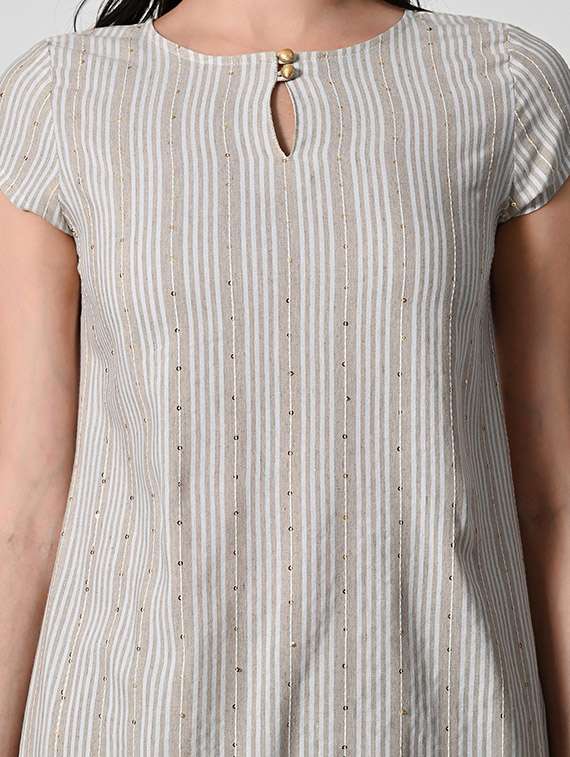 Women Beige Striped Short Sleeve Asymmetric Kurta
